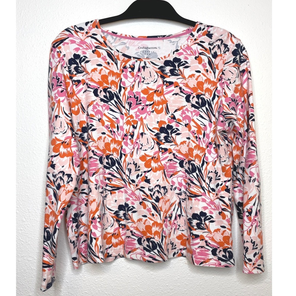 Croft & Barrow Women Top Floral Long Sleeve Cotton Tee PL Orange Pink Navy